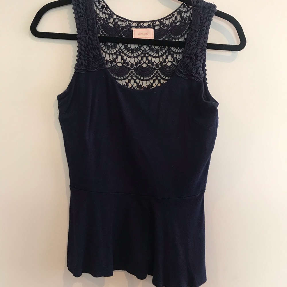 Love... ady peplum blue tank top with crochet